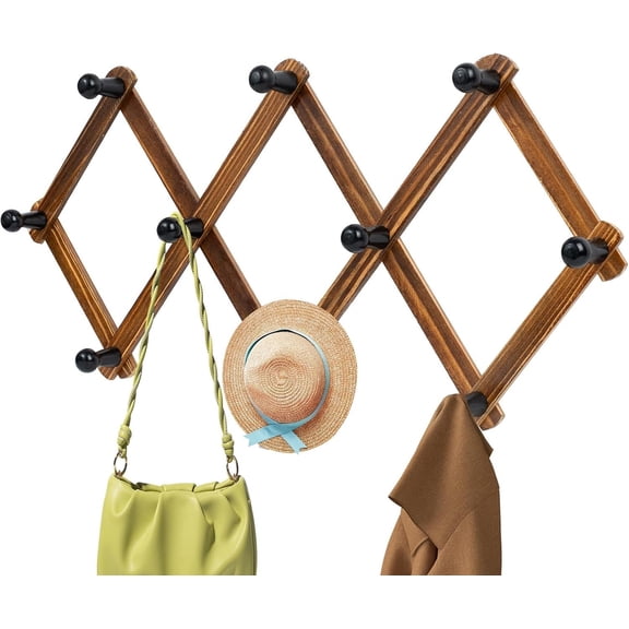 Accordion Wall Hanger, Expandable Wall Mounted Hanger with 10 Hooks for Coats,Hats,Coffee Mug Ect,1 Pack Included,10 Pegs, Walnut Color,Retro Style