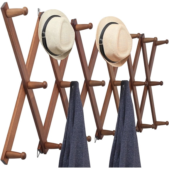Accordion Wall Hanger,Expandable Wooden Coat Rack Wall Mounted,Accordion Hat Rack for Wall,Accordion Hook Rack for Hats,Caps,20 Peg Hooks,Walnut Color