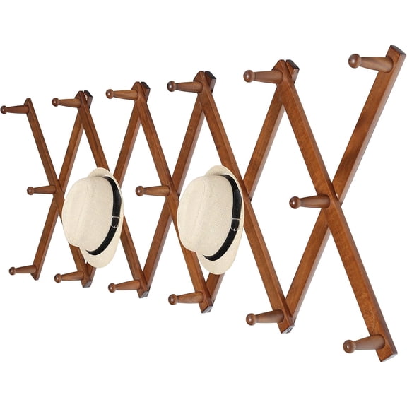 Accordion Wall Hanger,Expandable Wooden Hat Rack for Wall Mounted Coat Rack,Accordion Hat Hooks Holder for Baseball Caps,17 Peg,Walnut Color