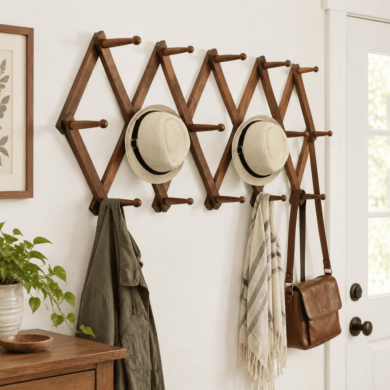Coat Riac Accordion Wall Hanger Wooden Coat Rack Mounted Hat & Cap Hook 16 Peg ...