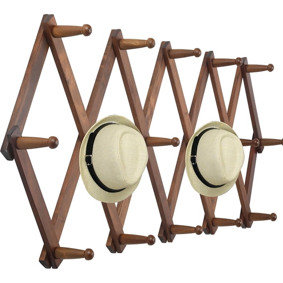 Accordion Wall Hanger, Wooden Coat Rack Wall Mounted, Hat & Cap Hook Rack, 16 Peg Hooks, Walnut Color