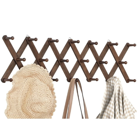 Accordion Wall Hanger with 20 Pegs, Expandable Coat Rack Wall Mount, Wood Hat Rack for Wall, Hat Hangers for Hanging Coat, Purse, Mug
