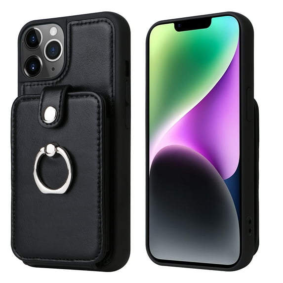 Accordion Wallet Case for iPhone 13 Pro Max with Rotatable Ring Holder Kickstand, RFID Blocking Card Slots Finger Grip Ring PU Leather Shockproof Purse Cover for iPhone 13 Pro Max, Black