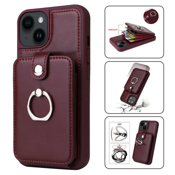 Accordion Wallet Case for iPhone 15 with Rotatable Ring Holder Kickstand, RFID Blocking Card Slots Finger Grip Ring PU Leather Shockproof Purse Cover for iPhone 15, Winered