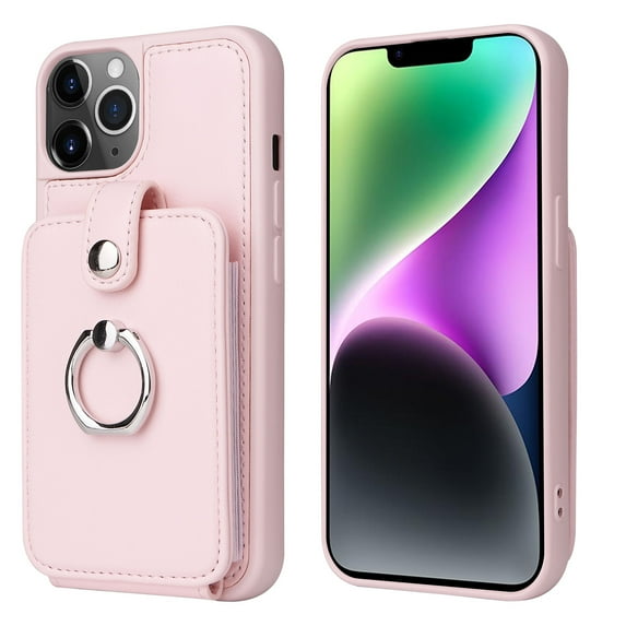 Accordion Wallet Case for iPhone XR with Rotatable Ring Holder Kickstand, RFID Blocking Card Slots Finger Grip Ring PU Leather Shockproof Purse Cover for iPhone XR, Pink