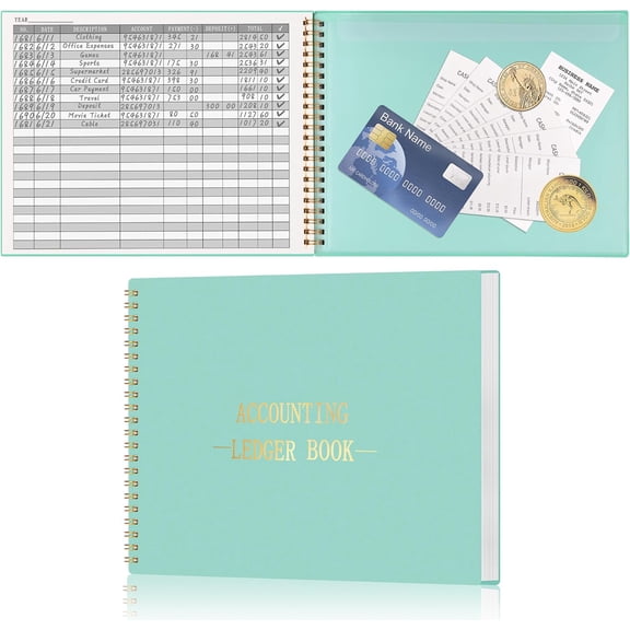 Accounting Ledger Book for Small Business Bookkeeping Home Budget Tracking with 2 Storage Pouch, Accounting Log Journal Personal Money Ledger Expense Tracking Notebook 10.1 x 7.8'', Blue