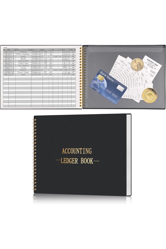 Accounting Ledger Book for Small Business Bookkeeping Home Budget Tracking with 2 Storage Pouch, Accounting Log Journal Personal Money Ledger Expense Tracking Notebook 10.1 x 7.8'', Black