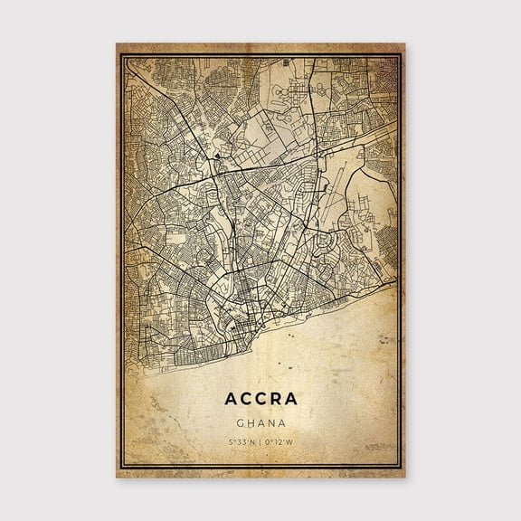 Accra City Map Print: Modern Vintage Ghana Wall Artfor Living Room Bedroom Office Farmhouse Neutral Home Artwork Ready to Hang 8x12 inch