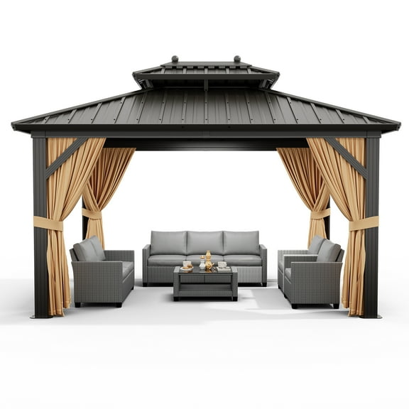 Accreate 10x13 FT Outdoor Galvanised Steel Hardtop Gazebo, Double Roof Gazebo with Netting and Sunshade Curtains, Aluminium Framed Gazebo for Patio Terrace Lawn Deck, Khaki