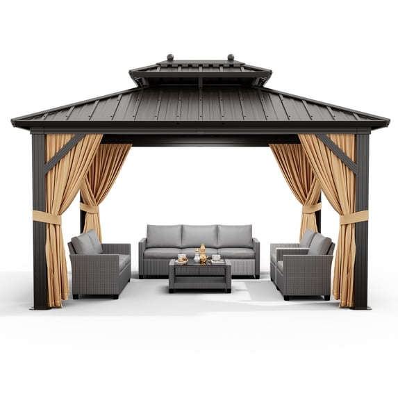 Accreate 10x13 FT Outdoor Galvanised Steel Hardtop Gazebo, Double Roof Gazebo with Netting and Sunshade Curtains, Aluminium Framed Gazebo for Patio Terrace Lawn Deck, Khaki