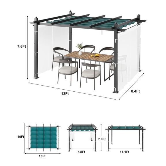 Accreate 10x13 Ft Outdoor Pergola Aluminium Pergola with Retractable Roof & Side Mesh Screen, Upgraded Faux Wood Grain Modern Metal Patio Gazebo for Deck, Backyard Garden, Porch, Grape Trellis
