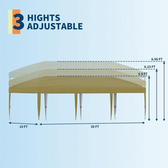 Accreate 10x30 Pop Up Canopy - Heavy Duty Outdoor Canopy Tent with Portable Roller Bag - 3 Adjustable Height, 4 Weight Bags, 8 Stakes & 6 Guy Ropes Included