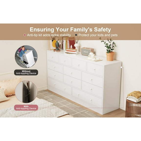 Accreate 12 Drawer Dresser for Bedroom, 61 Inch Wood Dresser with Power Outlet, Wide Chest of Drawers for Living Room, Hallway, Tall Dressers with Smooth Metal Rail, Large Storage