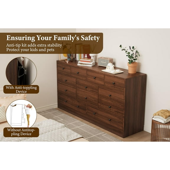 Accreate 12 Drawer Dresser for Bedroom, 61 Inch Wood Dresser with Power Outlet, Wide Chest of Drawers for Living Room, Hallway, Tall Dressers with Smooth Metal Rail, Large Storage