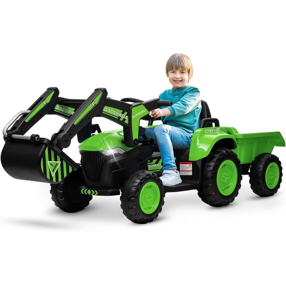 Accreate 12V 3 in 1 Kids Ride on Excavator & Tractor with Detachable Trailer for Boys Girls, Green