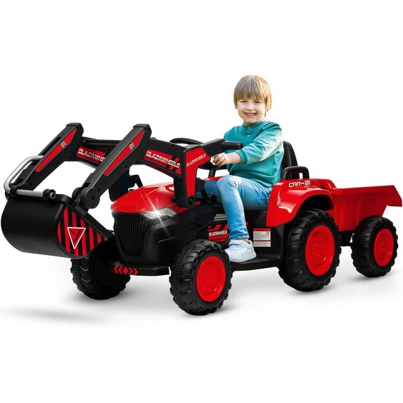 Accreate 12V 3 in 1 Kids Ride on Excavator & Tractor with Detachable Trailer for Boys Girls, Red