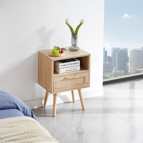 Accreate 15.75" Multifunctional Nightstand Rattan End Table Storage Cabinet With Drawer Shelf USB Charging Ports Power Outlet For Living Room Bedroom