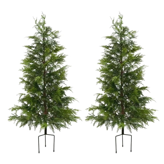Accreate 2-Piece Artificial Twinkle Christmas Cypress Trees with Lights, Pre-Lit Sparse Norfolk Pine, Illuminated Faux Plant Set for Indoor Holiday Decor, Home, Office, or Entryway