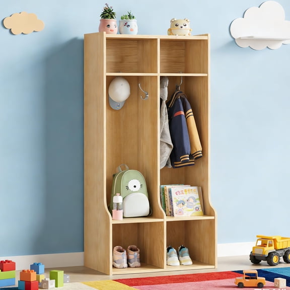 Accreate 2-Section Coat & Cubby Locker, 4-Bin Storage Organizer with Hooks for Kids, Child-Safe Design for Home, Classroom, Nursery