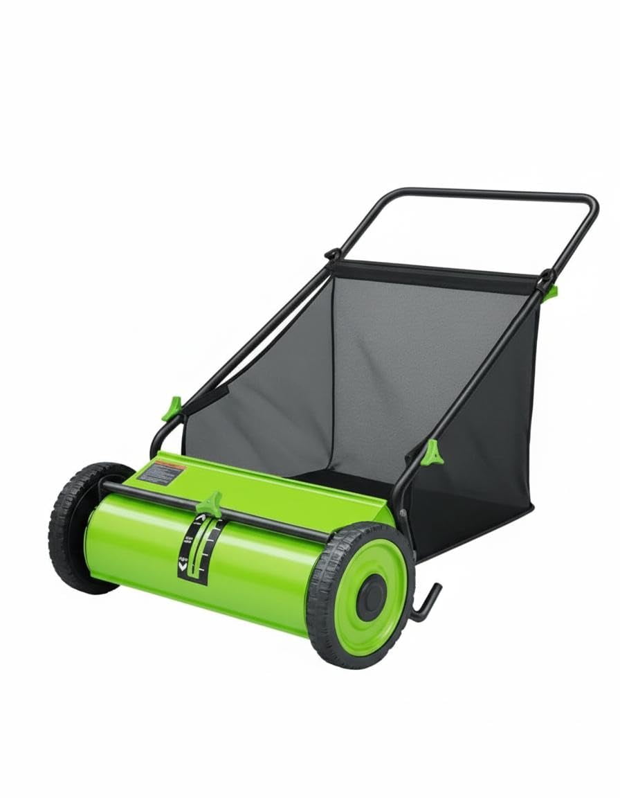 Accreate 21-Inch Lawn Sweeper With Push Design, 7 Cu. Ft. Capacity Bag, 4 Spinning Brushes, Adjustable Height, And Sturdy Steel Frame With Rubber Wheels For Leaves, Grass, And Yard Debris Collection