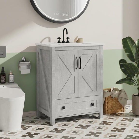 Accreate 24 Inch Bathroom Vanity with Sink, Modern Freestanding Bathroom Storage Cabinet with Ceramic Vessel Sink, Wood Vanity with Soft-Close Door& Large Storage Drawer