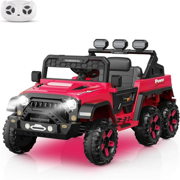Accreate 24V 4WD Ride on Car with 6 EVA Wheels, Kids Electric Vehicle with Remote Control, 3 Adjustable Speeds, Battery Display, Music, Rose Red