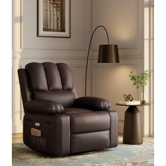 Accreate 27'' Oversized Recliner Chair for Adults, PU Leather Recliner with Cup Holders and Side Pockets, Ergonomic Manual Recliner for Adults, for Living Room, Bedroom, Home Theater, Creamy