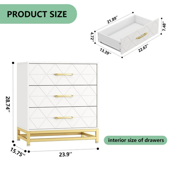 Accreate 3 Drawer Dresser for Bedroom, Closet, Modern Bedroom Dresser with Gold Handles, Wooden Chest Drawer, Black Nightstand with Storage Drawers