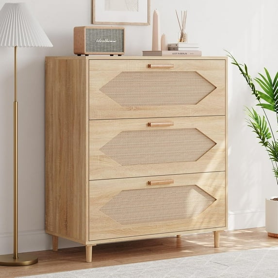 Accreate 3 Drawer Rattan Dresser with Waterproof Wood Top and Anti Tip Safety for Bedroom Living Room and Entryway