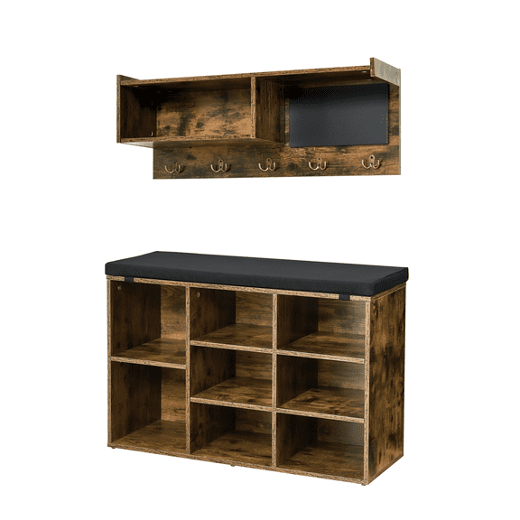 Accreate 31.5" Coat Rack Entryway Bench with Cushioned Shoe Storage, Cubbies, Hall Tree with Hooks, Blackboard & Shelf, Front Door Organizer for Living Room or Hallway