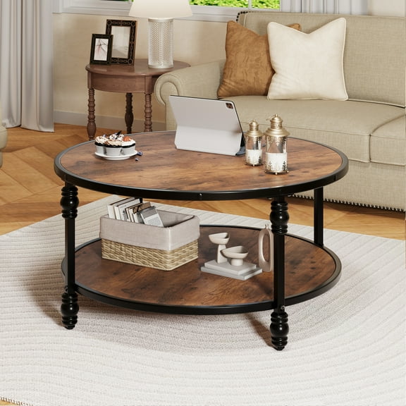 Accreate 34.5" Round Coffee Table with Storage Shelf for Living Room, Wood Circle, Brown