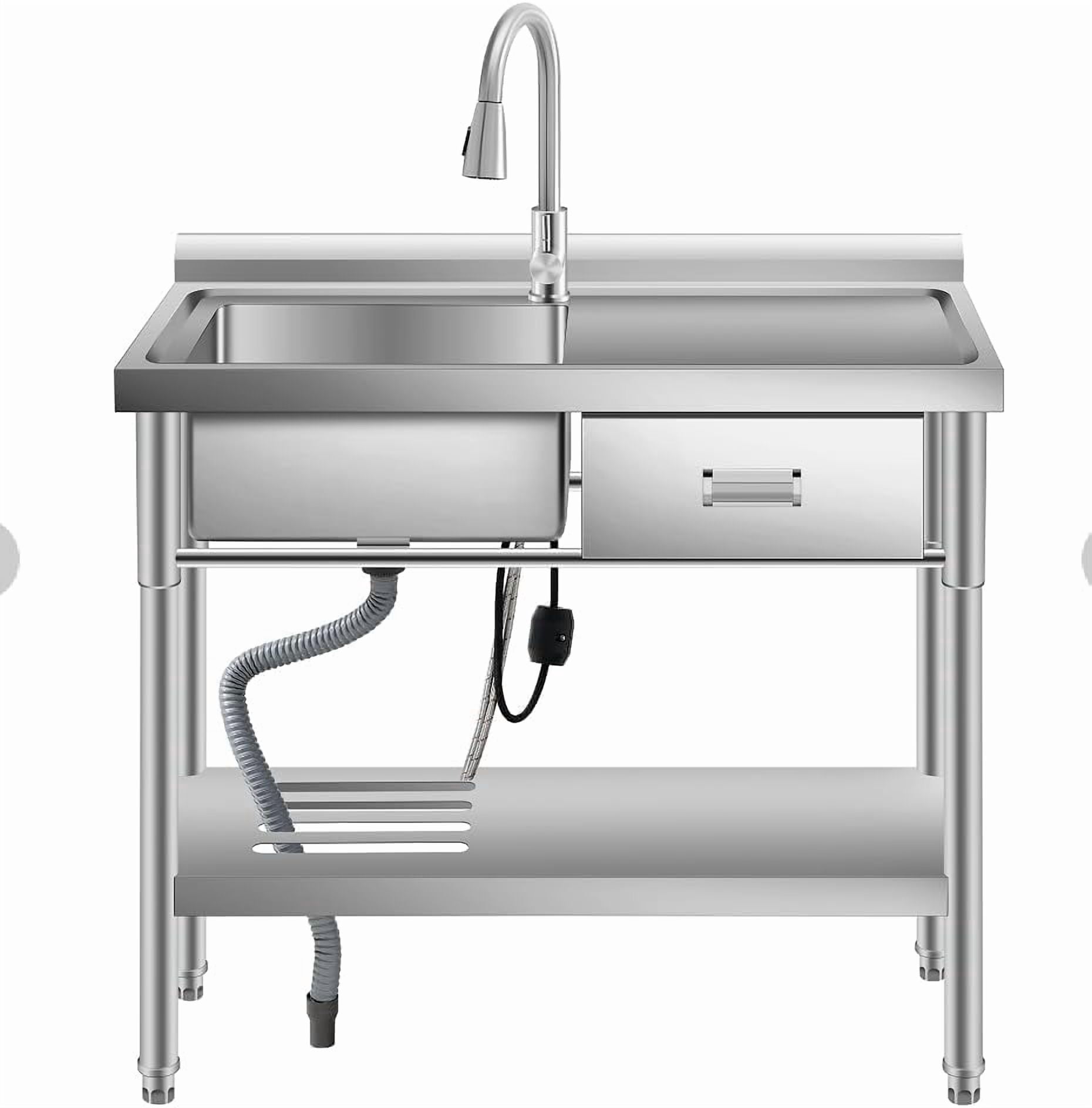 Accreate 39 Inch Single Bowl Stainless Steel Utility Sink, Free Standing Unit with Drawer, Workbench, Storage Rack, Faucet & Full Plumbing Set