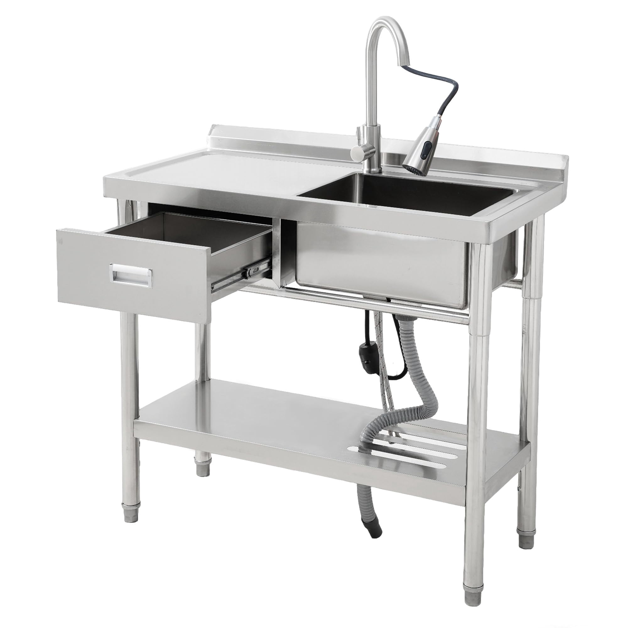 Accreate 39 Inch Single Bowl Stainless Steel Utility Sink, Free Standing Unit with Drawer, Workbench, Storage Rack, Faucet & Full Plumbing Set