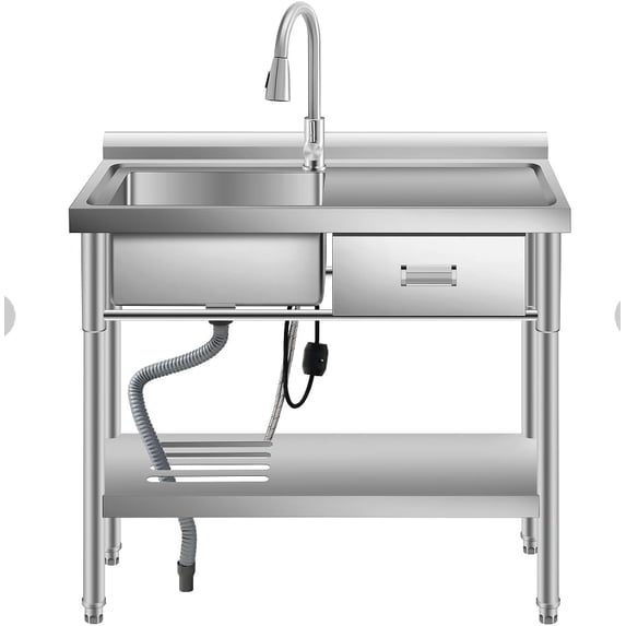 Accreate 39 Inch Single Bowl Stainless Steel Utility Sink, Free Standing Unit with Drawer, Workbench, Storage Rack, Faucet & Full Plumbing Set