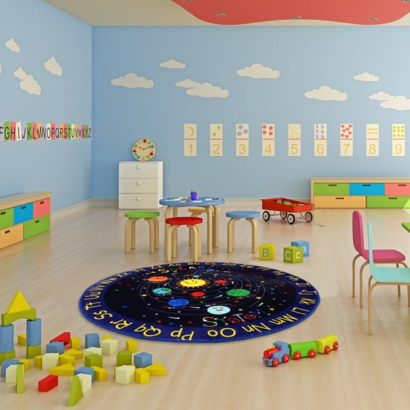 Accreate 4*4ft (round) Kids Playroom Rug Outer Space Area Rug Educational Galaxy Planets Carpet Non Slip Play Mat Soft Non-Shedding Rug for Toddlers Baby Crawling Kids Rug for Bedroom