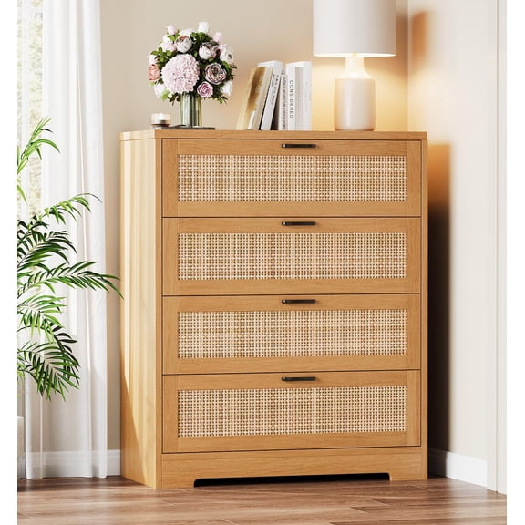 Accreate 4-Drawer Tall Wooden Dresser – Rattan Storage Cabinet with Wide Top, Pull Handles, Easy Assembly, Natural Modern Style for Bedroom, Hallway, Living Room, Entryway