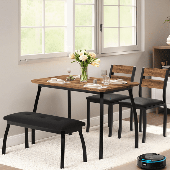 Accreate 4 Piece Kitchen Dining Set with Chamfer Table, Upholstered Bench & 2 Chairs, Space Saving