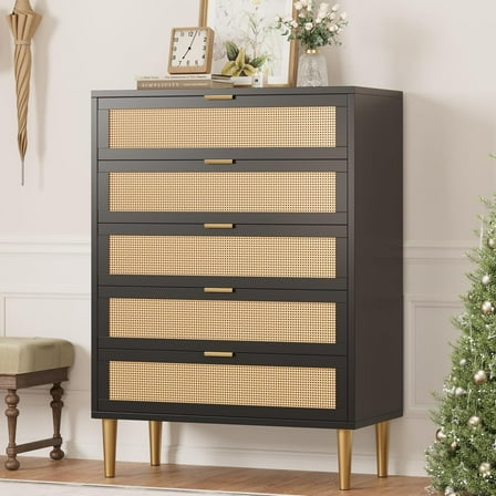 Accreate 44-Inch Tall Rattan 5-Drawer Dresser – Narrow Wooden Farmhouse Chest with Metal Legs and Handles, Modern Storage Cabinet for Bedroom/Living Room