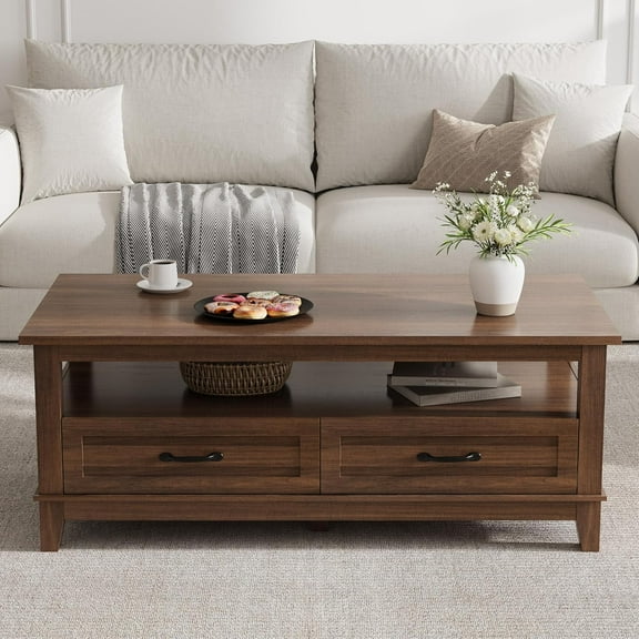 Accreate 47Point2 Inch Farmhouse Coffee Table with Drawers Rustic Walnut Center Table with Ample Storage and Elegant Design