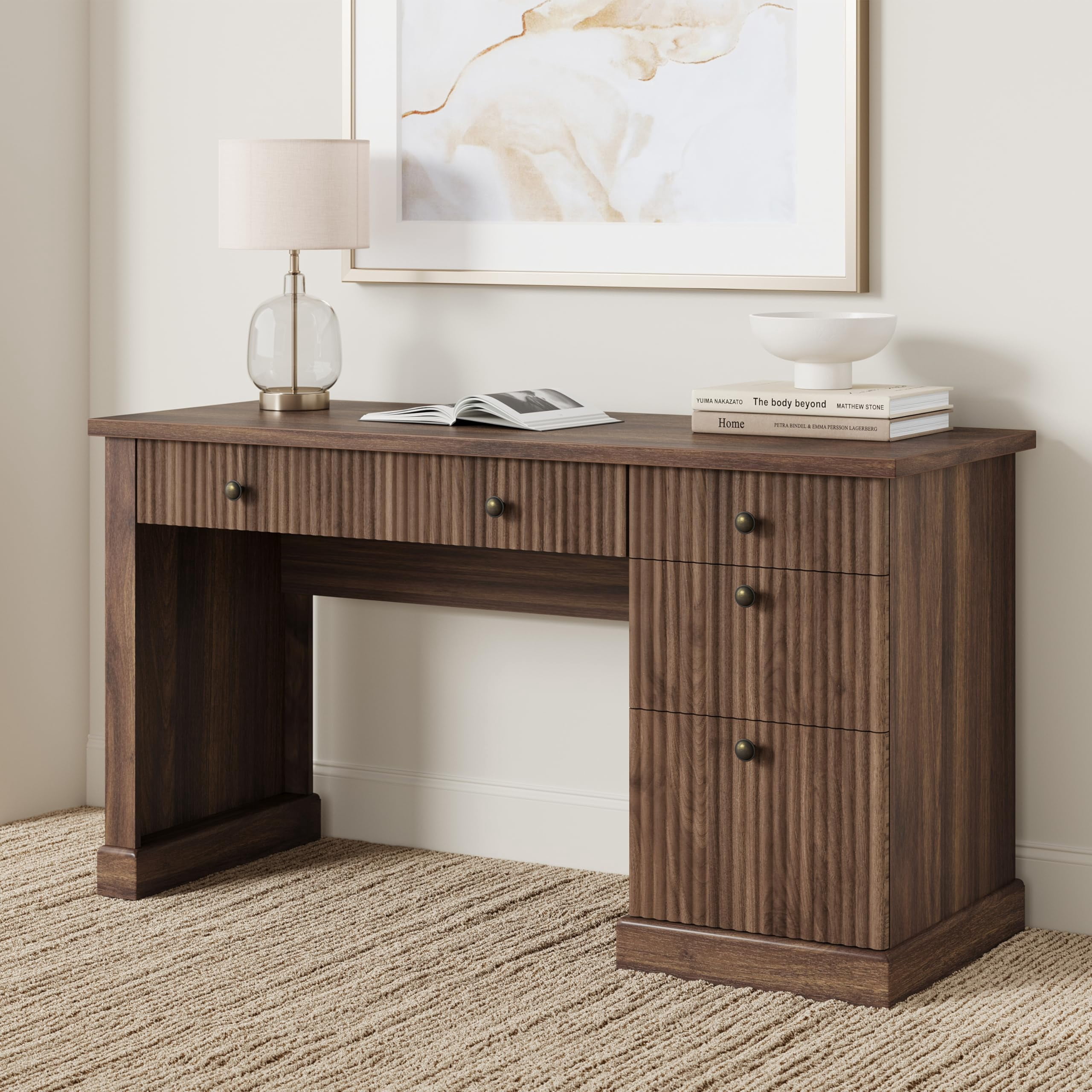 Accreate 54'' Fluted Home Office Desk with Storage, Modern Executive Desk with Charging Station, Wooden Computer Desk with Drawers for Storage File, Writing Desk for Study, Living Room, Bedroom