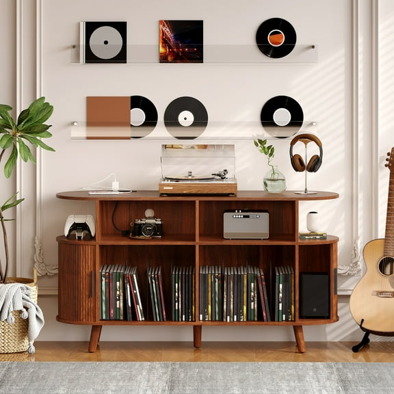 Accreate 55" Large Round Record Player Stand, Fluted Mid Century Modern Turntable Cabinet with Charging Station and Display Shelf, Arched Wood Record Player Table with Vinyl Storage for Living Room