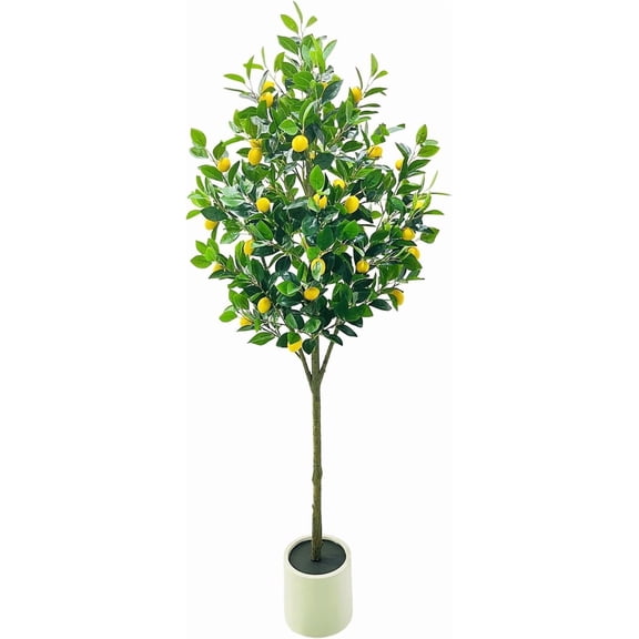 Accreate 5FT Artificial Lemon Tree in White Pot, Realistic Fake Citrus Plant with Yellow Fruits for Home or Office Indoor Decor