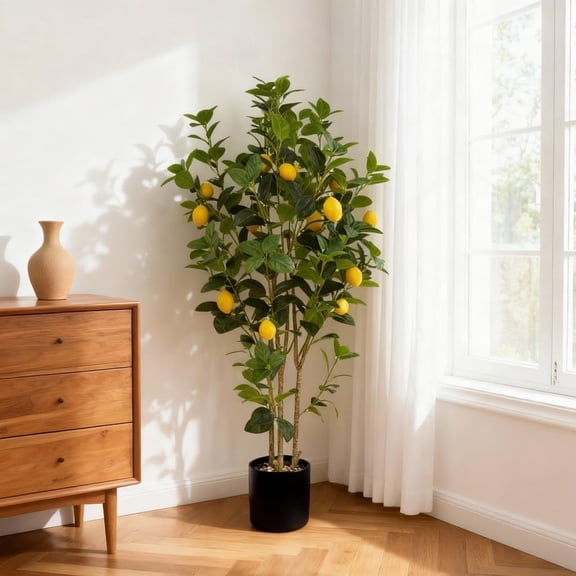 Accreate 5Ft Artificial Lemon Tree in Brown Pot, Perfect Fake Lemon Fruit Silk Tree for Indoor Living Room & Office Decoration