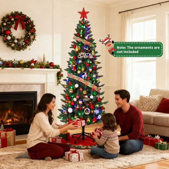 Accreate 6/7.5/9Ft Pencil Christmas Tree with Pre-Strung LED Lights, Realistic PVC, Quick Setup, Compact Storage, Metal Stand—Ideal for Apartments & Offices