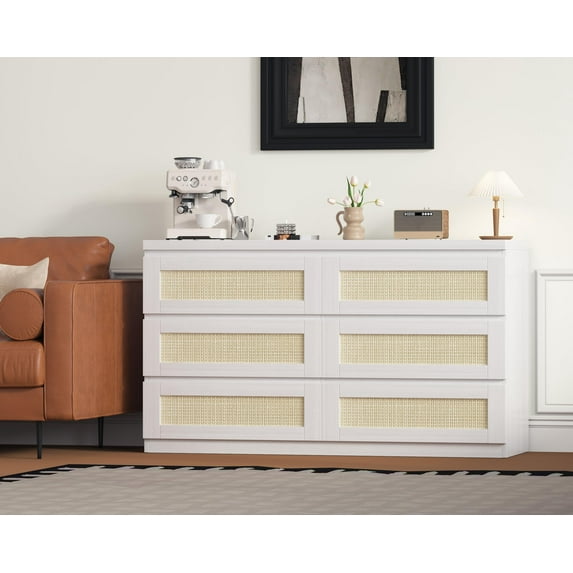 Accreate 6 Drawer Double Dresser for Bedroom, Wide Chest of Drawers & Boho Dresser, Wooden Storage Organizer for Closet, Living Room, Entryway