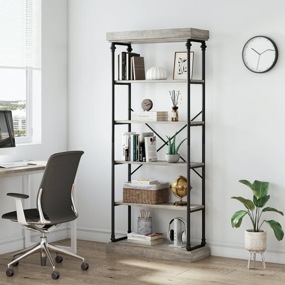 Accreate 6-Tier Rustic Bookshelf – Wood Bookcase Storage Open Rack Shelf with Metal Frame, Grey