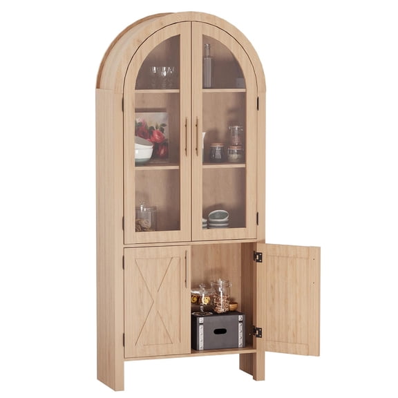 Accreate 60" Arched Display Cabinet with Fluted Details, Boho Glass Door Bookshelf, 5-Tier Tall Wood Pantry Cabinet, Arched Hutch Storage Cabinet for Entryway, Kitchen, Living Room