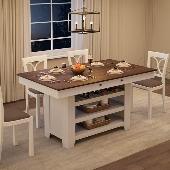 Accreate 60" Wood Dining Table for 4-6, Counter Height Kitchen Table with Wine Rack, 2 Drawers, Open Shelves, and Sturdy Legs, Ideal for Dining Room, Kitchen (Table Only)