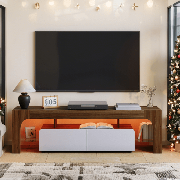 Accreate 63" Modern TV Stand with Remote Control 16-Color LED Lights, Large Storage Cabinet, 2 Drawers & Tempered Glass Shelves for TVs up to 70", Contemporary Entertainment Center Console