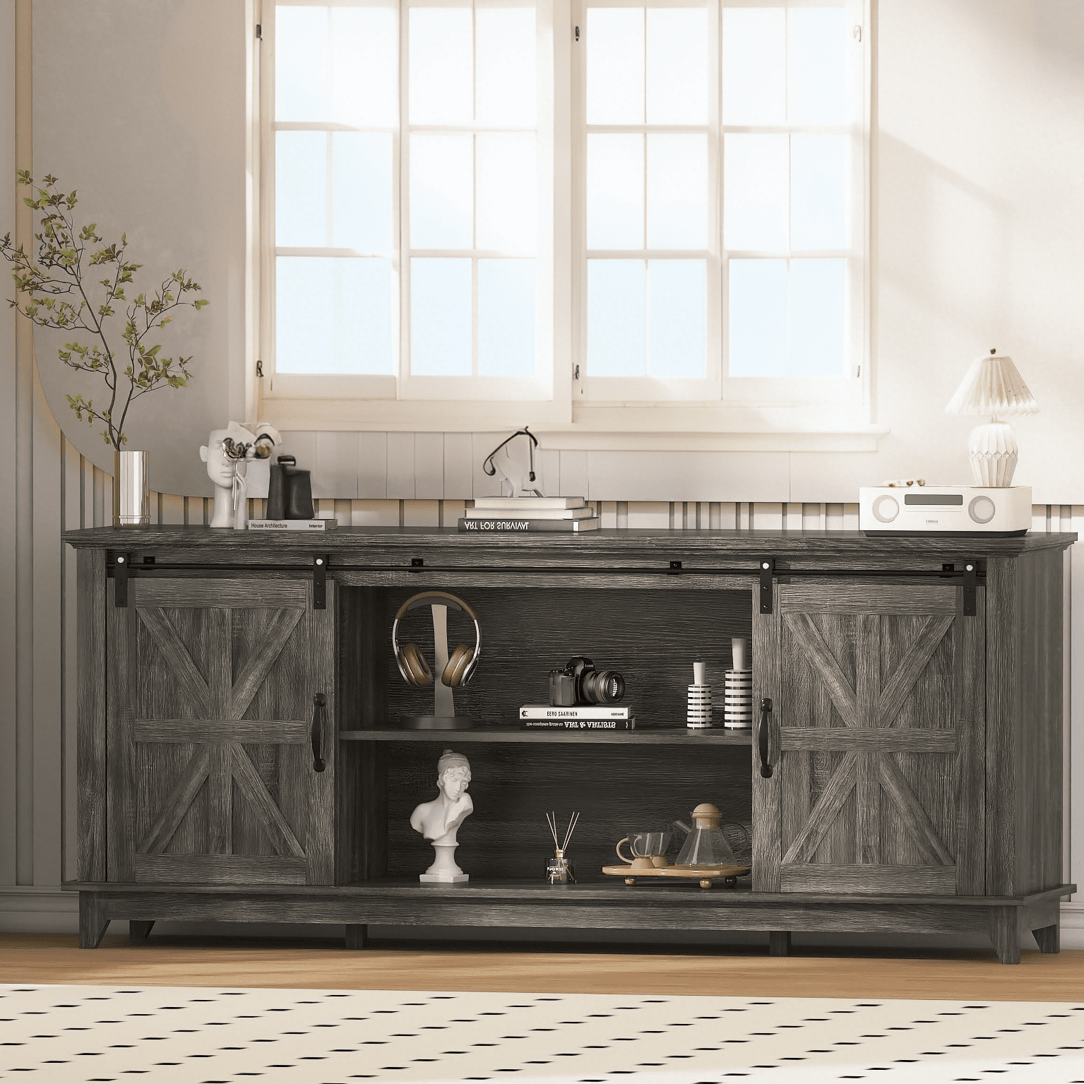 Accreate 66" Large Farmhouse TV Stand for TVs up to 75 Inches, Rustic Wood Entertainment Center with Barn Doors, Storage Cabinet, Adjustable Shelf, Charging Ports, Cable Management for Living Room
